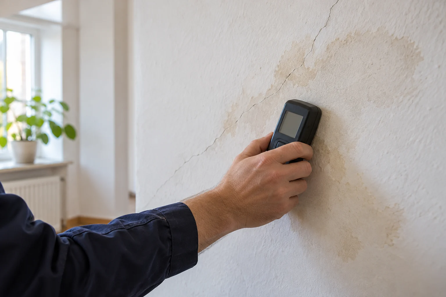 Illustration einer orientierenden Feuchtemessung an einer Wand mit sichtbarem Riss
